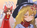  &lt;|&gt;_&lt;|&gt; 2girls anger_vein ascot benikurage_(cookie) black_hat blonde_hair blue_bow blush bow braid brown_hair claw_pose closed_mouth commentary_request cookie_(touhou) detached_sleeves dress fangs frilled_bow frilled_hair_tubes frills frown gradient_background hair_between_eyes hair_bow hair_tubes hakurei_reimu hat hat_bow kirisame_marisa long_bangs long_hair looking_at_another mars_(cookie) medium_hair multiple_girls open_mouth parted_bangs pink_background pura_(aiueo256375) red_bow red_dress red_scarf ribbon-trimmed_sleeves ribbon_trim scarf single_braid sleeveless sleeveless_dress touhou upper_body v-shaped_eyebrows white_bow white_sleeves wide_sleeves witch_hat yellow_ascot 