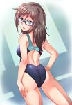  ass back blue_eyes brown_hair competition_swimsuit e20 glasses houzumi_satsuki long_hair looking_back one-piece_swimsuit original smile solo swimsuit 