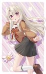  1girl :o artist_name bare_legs black_skirt brown_footwear commentary dot_nose eyes_visible_through_hair fate/kaleid_liner_prisma_illya fate_(series) hair_between_eyes hand_in_own_hair hand_up highres homurahara_academy_school_uniform illyasviel_von_einzbern long_hair long_sleeves looking_at_viewer magical_ruby open_mouth pink_background pleated_skirt puffy_long_sleeves puffy_sleeves red_eyes school_uniform shoes simple_background skirt socks solo star_(symbol) striped_background tokoshibyra twitter_username white_hair white_socks 