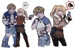  1boy 1girl american_flag ashley_graham belt belt_chain blonde_hair boots brown_hair denim fur_trim gun handgun highres holding_hands holster ingrid_hunnigan jacket jeans jewelry knife leon_s._kennedy necklace pants pantyhose ponytail resident_evil resident_evil_4 resident_evil_4_(remake) shoes shorts sneakers stardreamiie torn_clothes torn_jeans torn_pants torn_pantyhose track_jacket turtleneck weapon 