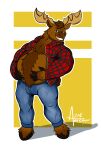 aereous anthro antlers belly big_belly body_hair bottomwear chest_fur clothing deer denim denim_bottomwear denim_clothing happy_trail hi_res horn jeans male mammal merrick_(denverthedragon) moose musclegut muscular new_world_deer pants plaid plaid_jacket solo