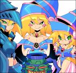  3girls absurdres blonde_hair blush_stickers breasts cleavage closed_mouth collarbone dark_magician_girl dark_magician_girl_the_dragon_knight duel_monster green_eyes highres jiansketch large_breasts long_hair looking_at_viewer multiple_girls pot_of_greed smile toon_dark_magician_girl yu-gi-oh! 