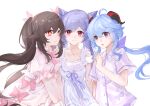  3girls absurdres alternate_costume black_hair blue_hair bow chinese_commentary collarbone commentary_request cone_hair_bun dress ganyu_(genshin_impact) genshin_impact hair_bun hair_ribbon highres hu_tao_(genshin_impact) keqing_(genshin_impact) long_hair looking_at_viewer multiple_girls pink_bow pink_dress pink_ribbon puffy_short_sleeves puffy_sleeves purple_eyes purple_hair purple_shirt red_eyes ribbon shirt short_sleeves simple_background smile twintails upper_body very_long_hair white_background yanlin 