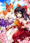  ascot belt black_hair blonde_hair blue_sky bow brown_eyes cherry_blossoms cloud day detached_sleeves fang gohei gourd hair_bow hair_tubes hakurei_reimu horn_ribbon horns ibuki_suika long_hair long_sleeves looking_at_viewer low-tied_long_hair mi_(liki1020) multiple_girls oonusa open_mouth petals ribbon shirt skirt sky sleeveless sleeveless_shirt smile touhou wide_sleeves yellow_eyes 