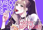  1girl bai_yi_(path_to_nowhere) black_choker blush bra braid breasts cake cake_slice choker commentary_request dated dog_9uk eating english_commentary food food_on_face fork french_braid fruit green_eyes grey_hair happy_birthday holding holding_cake holding_food holding_fork korean_commentary large_breasts long_hair looking_at_viewer open_mouth path_to_nowhere ponytail purple_background purple_bra purple_nails simple_background smile solo strawberry strawberry_shortcake tongue underwear upper_body 