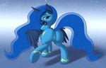  blue_eyes blue_fur equine female feral friendship_is_magic fur hair horn horse looking_at_viewer looking_back mammal my_little_pony one_leg_up pony princess_luna_(mlp) simple_background skinsuit skipsy solo stars text two_tone_hair winged_unicorn wings 
