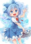  blue_eyes blue_hair bow cirno dress hair_bow ice ice_wings jigatei_(omijin) open_mouth ribbon short_hair solo touhou waving wings 