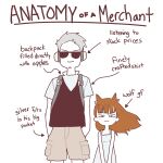  1boy 1girl :3 absurdres alternate_costume anatomy_of_a_gamer_(meme) animal_ears artist_request brown_hair brown_shorts check_artist craft_lawrence dress earphones grey_hair height_difference highres holo long_hair meme orenji_(wholesomeorenji) shirt short_hair short_sleeves shorts sleeveless sleeveless_dress spice_and_wolf sunglasses very_short_hair white_dress white_shirt wolf_ears 