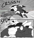 angry anthro big_muscles bovid caprine car car_crash clothing comic duo english_text fight gabriel_(parttimeyeen) gloves goat greyscale handwear hi_res horn huge_muscles lagomorph leotard leporid male male/male mammal mask monochrome muscular muscular_anthro muscular_male parttimeyeen_(artist) punch rabbit sound_effects superhero tackle text tristen_(parttimeyeen) vehicle violence