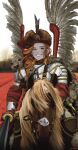  1girl armor cape cross cross_earrings earrings field flower flower_field fur_cape green_eyes highres holding holding_weapon horse horseback_riding hussar jewelry lance long_hair looking_at_viewer multiple_scars nnnmengmeng open_mouth original plate_armor polearm polish_clothes red_hair red_shirt riding scar shirt shoulder_armor smile sword teeth tree weapon winged_hussar 