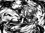  1girl ascot aya-on_(miria00) center_frills frilled_skirt frills from_side greyscale hair_between_eyes hat highres looking_at_viewer medium_hair mob_cap monochrome puffy_short_sleeves puffy_sleeves remilia_scarlet shirt short_sleeves skirt solo touhou vest wings 