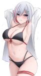  1girl absurdres armpits arms_up bare_shoulders bikini black_bikini blue_eyes breasts commentary commentary_request cowboy_shot grey_hair grin highres honkai:_star_rail honkai_(series) large_breasts looking_at_viewer multicolored_hair namikare off_shoulder parted_lips red_hair short_hair simple_background smile solo standing streaked_hair sweat swimsuit thigh_strap thighs topaz_(honkai:_star_rail) white_background 