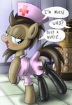  ? blue_eyes blush brown_fur brown_hair clothing crossgender cutie_mark dalek dialog doctor_whooves_(mlp) english_text equine female feral friendship_is_magic fur hair horse legwear mammal my_little_pony nurse nurse_cap nurse_hat nurse_uniform open_mouth pony text thigh_highs ziemniax 