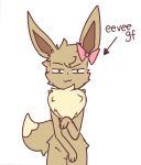 bow_ribbon eevee female generation_1_pokemon humanoid leafypaws nintendo pokemon pokemon_(species) simple_background smug_face solo text white_background