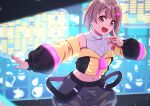  1girl brown_hair collarbone commentary_request cropped_jacket finger_to_cheek go_our_way! grey_shorts highres jacket jewelry long_sleeves looking_at_viewer love_live! love_live!_nijigasaki_high_school_idol_club macken midriff multicolored_clothes multicolored_jacket nakasu_kasumi navel open_mouth outstretched_arm red_eyes ring short_hair shorts solo triangle_hair_ornament upper_body yellow_jacket zipper 