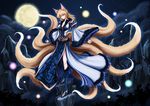  alternate_costume animal_ears blonde_hair blue_dress blue_legwear breasts cleavage cloud collarbone dress fox_ears fox_tail high_heels kneehighs large_breasts lights long_hair long_sleeves looking_at_viewer multiple_tails night no_hat no_headwear outstretched_arms shoes sky skyspace solo tail touhou white_dress wide_sleeves yakumo_ran yellow_eyes 
