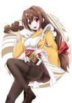  apron black_legwear blush boots brown_hair coffee cup fuuma_nagi hair_ornament hairclip japanese_clothes long_hair md5_mismatch milk_carton open_mouth pantyhose red_eyes smile snowflake_hair_ornament solo teacup thighband_pantyhose tray waitress yukico-tan yukijirushi 