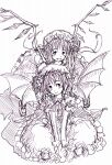  2girls ascot bat_wings brooch closed_mouth daro flandre_scarlet frilled_skirt frills hand_on_another&#039;s_shoulder hat jewelry looking_at_another making-of medium_hair mob_cap multiple_girls open_mouth remilia_scarlet siblings sisters sketch skirt touhou wings 
