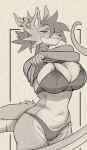 anthro areola areola_slip belly_scales big_breasts bra breasts camel_toe cleavage clothed clothing clothing_lift dragon female front_view ghastlyfish_(artist) greyscale hair hi_res hilda_(ghastlyfish) horn monochrome mythological_creature mythological_scalie mythology panties scales scalie shirt shirt_lift sketch solo topwear underwear undressing