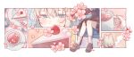  1girl armchair black_dress blue_eyes blue_ribbon blush border cake cake_slice chair cherry_blossoms collage cup dress falling_petals food fruit grey_hair grey_socks half-closed_eyes holding holding_cup indie_virtual_youtuber light_particles loafers long_sleeves mug multiple_views on_chair outside_border petals petals_on_liquid ribbon sayonaka_(vtuber) sayonaka_megumo shoes short_dress sitting sleeve_cuffs socks steam strawberry tablecloth unworn_ribbon virtual_youtuber white_border 