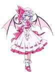  1girl ascot bat_wings blue_hair bow dress frilled_dress frilled_hat frills full_body hand_up hat hat_bow high_heels looking_at_viewer miy_001 mob_cap parted_lips pink_ascot pink_bow pink_footwear puffy_short_sleeves puffy_sleeves red_eyes red_nails remilia_scarlet ribbon-trimmed_dress short_hair short_sleeves signature simple_background solo standing tachi-e touhou white_background white_dress white_hat wings 