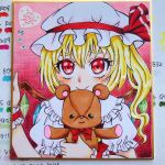  1girl absurdres ascot ayanagi_honpo blonde_hair closed_mouth crystal flandre_scarlet gradient_background hair_between_eyes hat hat_ribbon highres holding holding_stuffed_toy looking_at_viewer marker_(medium) medium_hair mob_cap multicolored_wings one_side_up photo_(medium) pink_background puffy_short_sleeves puffy_sleeves red_background red_eyes red_ribbon red_vest ribbon shikishi shirt short_sleeves solo stuffed_animal stuffed_toy teddy_bear touhou traditional_media upper_body vest white_hat white_shirt wings wrist_cuffs yellow_ascot 