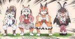  4girls absurdres animal_ears bat_ears bat_girl bat_wings blue_eyes blush boots bow bowtie brown_eyes brown_hair brown_long-eared_bat_(kemono_friends) caracal_(kemono_friends) cat_ears cat_girl chipmunk_ears chipmunk_girl chipmunk_tail elbow_gloves extra_ears fox_ears fox_girl gloves grey_hair hat highres island_fox_(kemono_friends) jacket kemono_friends kemono_friends_v_project leotard long_hair looking_at_viewer mcgunngu microphone multiple_girls necktie orange_hair pantyhose ribbon shirt shoes short_hair shorts siberian_chipmunk_(kemono_friends) simple_background skirt sleeveless sleeveless_shirt tail thighhighs twintails vest virtual_youtuber wings yellow_eyes 