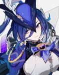  1girl ascot blue_ascot blue_capelet blue_hair blue_hat capelet clorinde_(genshin_impact) commentary genshin_impact grey_background hat highres looking_at_viewer loomyoi2 purple_eyes shirt short_hair solo tricorne upper_body white_shirt 