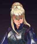  1girl ahoge armor armored_dress artoria_pendragon_(fate) blonde_hair blue_dress blue_eyes braid breastplate dress english_commentary fate/stay_night fate_(series) grey_background hair_between_eyes hair_bun high_collar highres portrait puff_and_slash_sleeves puffy_sleeves redesign saber_(fate) sidelocks solo thunderpowered 