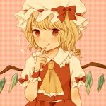  1girl :q ascot blonde_hair bow closed_mouth collared_shirt commentary cowboy_shot crystal finger_to_mouth flandre_scarlet frilled_ascot frilled_shirt_collar frills hat hat_ribbon heart highres ichigo_(ichigoxxusagi) looking_at_viewer mob_cap one_side_up pink_background plaid plaid_background puffy_short_sleeves puffy_sleeves red_bow red_eyes red_ribbon red_skirt ribbon ribbon-trimmed_headwear ribbon_trim sepia shirt short_sleeves simple_background skirt skirt_set sleeve_bow solo symbol-only_commentary tongue tongue_out touhou white_hat white_shirt wings wrist_cuffs yellow_ascot 