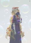  blonde_hair bubble covering_face dress fan folding_fan hair_ribbon hat hat_ribbon long_hair purple_dress ribbon seeker solo touhou tress_ribbon very_long_hair yakumo_yukari 