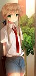  androgynous brown_hair chanta_(atama_tansan) child chousoku_spinner green_eyes hair_ribbon houjouin_seito long_hair male_focus necktie ponytail ribbon school_uniform younger 