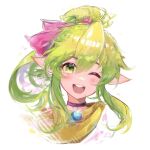  1girl ;d black_choker choker commission cropped_torso english_commentary fire_emblem fire_emblem:_mystery_of_the_emblem green_eyes green_hair hair_between_eyes hair_ribbon long_hair one_eye_closed open_mouth pink_ribbon pointy_ears ponytail ribbon seerdraws sidelocks smile teeth tiki_(fire_emblem) tiki_(young)_(fire_emblem) upper_body upper_teeth_only white_background 