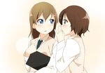  blue_eyes blush brown_hair covering_mouth green_eyes looking_at_another multiple_girls open_mouth original school_uniform short_hair sweater whispering yui_7 
