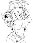  aiming_at_viewer bare_shoulders breasts cleavage crop_top curly_hair dark_persona dragon_ball dragon_ball_(classic) explosive gloves grenade greyscale gun holding holding_gun holding_weapon large_breasts long_hair lunch_(dragon_ball) mac-10 midriff monochrome mouth_hold navel short_shorts shorts solo submachine_gun tsukudani_(coke-buta) weapon 