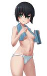  1girl black_hair blush breasts carbon12th crossed_bangs green_eyes hair_between_eyes kino_(kino_no_tabi) kino_no_tabi looking_at_viewer navel panties short_hair small_breasts solo thighs towel underwear wet 