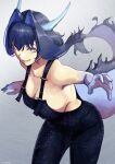  1girl absurdres arched_back artist_name bare_arms bare_shoulders black_hair black_overalls blue_eyes blue_hair breasts cleavage colored_inner_hair commentary_request cowboy_shot dragon_girl dragon_horns dragon_print dragon_tail erasorpepero grin hair_flaps hair_intakes highres hololive hololive_english horns large_breasts leaning_forward looking_at_viewer multicolored_hair naked_overalls ouro_kronii overalls paid_reward_available print_overalls short_hair sideboob signature smile solo tail virtual_youtuber 