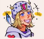  1boy artist_name blonde_hair blue_eyes blue_lips commentary english_commentary feathers grin highres horseshoe huyandere johnny_joestar jojo_no_kimyou_na_bouken male_focus medium_hair portrait signature smile solo sparkle star_(symbol) star_print steel_ball_run white_hat 