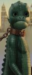 ambiguous_gender animal_humanoid anthro collar green_body green_scales humanoid looking_at_viewer scales scalie scalie_humanoid slave solo the_mercenary vicente_segrelles
