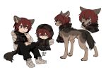  1boy animal animal_ears animalization artist_name black_pants black_scarf child closed_mouth deviidog0 full_body highres hood hood_down hooded_jacket jacket looking_to_the_side male_focus multiple_views original pants red_eyes red_hair scarf shoes short_hair simple_background sitting sneakers tail white_background wolf wolf_boy wolf_ears wolf_tail 