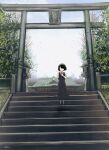  architecture black_dress black_eyes black_hair blue_sky commentary_request dress east_asian_architecture fracoco hair_over_one_eye hand_on_own_chest highres original pinafore_dress short_hair shrine signature sky sleeveless sleeveless_dress stairs stone_stairs torii tree waving 