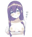  1girl ao_no_neko bare_shoulders blush breasts breasts_out collarbone highres long_hair looking_at_viewer monochrome nipples original simple_background sound_effects_only upper_body wavy_mouth white_background 
