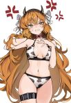  1girl anger_vein animal_print bikini bow bowtie choker cow_horns cow_print fake_horns freckles green_eyes highres horns ishmael_(project_moon) limbus_company long_hair mu46016419 multicolored_bikini multicolored_clothes navel orange_hair project_moon red_choker solo swimsuit white_bow white_bowtie 