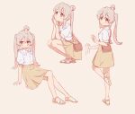  1girl ahoge bag bare_legs chinese_commentary commentary_request frilled_shirt_collar frills grey_hair hair_between_eyes highres light_blush long_hair multicolored_hair multiple_views no_socks onii-chan_wa_oshimai! oyama_mahiro pink_hair puffy_short_sleeves puffy_sleeves sandals shirt short_sleeves shoulder_bag simple_background sitting skirt smile squatting standing standing_on_one_leg twintails two-tone_hair white_shirt yellow_eyes yellow_skirt ziyan_yi 