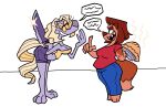 anthro canid canine canis domestic_dog duo female food galactabee hi_res holding_food holding_knife holding_object holding_pie knife mammal nikki_(galactabee) pastry pie pie_(food) sharp_teeth simple_background sylvia_(galactabee) teeth white_background