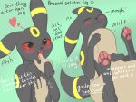 absurd_res bestiality big_eyes black_nose bodily_fluids claws duo eeveelution female feral fingers fur generation_2_pokemon hi_res human interspecies male male/female mammal nintendo open_mouth pawpads paws pokemon pokemon_(species) pokephilia saliva simple_background soul_healer text tongue umbreon