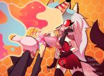  2girls animal_ears ass beelzebub_(helluva_boss) blush breasts collar colored_sclera demon_girl extra_arms fox_ears fox_girl furry furry_female furry_with_furry grey_fur helluva_boss highres kiss long_hair loona_(helluva_boss) multicolored_hair multicolored_tail multiple_girls nedeeress red_sclera spiked_collar spikes tail white_eyes white_fur wings wolf_ears wolf_girl wolf_tail yuri 