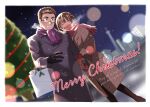  1boy 1girl bag black_coat black_gloves border braid breath brown_coat brown_hair christmas_tree city coat english_text glasses gloves hetero merry_christmas motoori_shiro night open_mouth outdoors pink_scarf protagonist_2_(housamo) purple_scarf red_gloves scarf shopping_bag short_hair snowing sumi_wo_hakuneko tokyo_afterschool_summoners white_border 