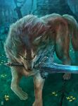  absurdres animal claws dark_souls_(series) dark_souls_i field_of_blades flower forest grass graveyard great_grey_wolf_sif greatsword grey_fur highres nature no_humans outdoors oversized_animal planted planted_sword scar scar_across_eye snout sword tail tree uchi_vs_the_world watermark weapon weapon_in_mouth wolf yellow_eyes 