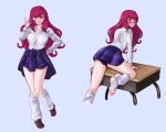  1girl absurdres blush clothes_around_waist desk facial_mark fire_emblem fire_emblem_engage full-face_blush full_body hair_ornament highres long_hair long_sleeves looking_at_viewer looking_back obsidianwasp on_desk one_eye_closed panties purple_panties purple_skirt red_eyes red_hair school_uniform shirt shoes skirt smile socks solo star_(symbol) star_facial_mark star_hair_ornament sweater sweater_around_waist underwear v white_shirt white_socks yunaka_(fire_emblem) 